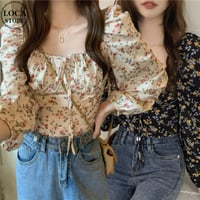 花柄 ブラウス スクエアネック リボン パフスリーブ シフォン トップス 長袖 レトロ 大人可愛い ガーリー フェミニン DTCA-705914116706