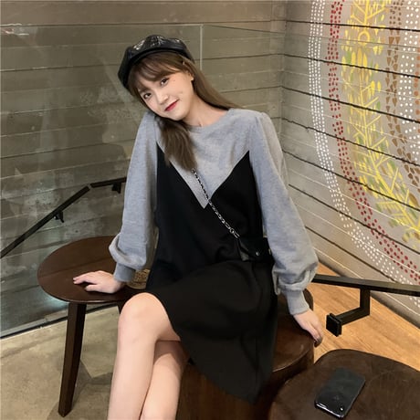 ワンピース フェイクレイヤード 長袖 ゆったり 韓国ファッション レディース ドッキングワンピース ラウンドネック 伸縮性ウエスト Aライン 大人可愛い ガーリー DTC-626497841493