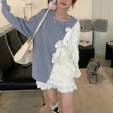 バイカラー リボン トレーナー トップス クルーネック ゆったり 不規則デザイン 長袖 レトロ 韓国ファッション レディース 大人可愛い ガーリー フェミニン DTC-655495373963