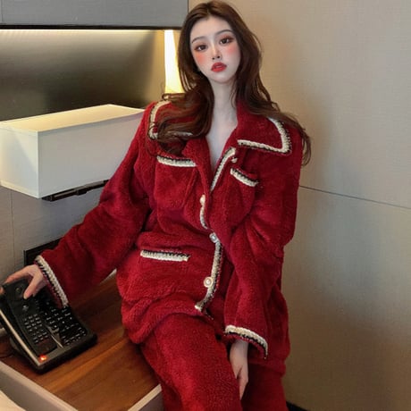 ルームウェア パジャマ セットアップ フリース プラスベルベット トップス + パンツ 長袖 上下セット 韓国ファッション レディース もこもこ ガーリー 633794682654