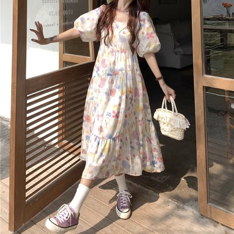 花柄ワンピース 半袖 パフスリーブ ゆったりウエスト プルオーバー Aライン レトロ 韓国ファッション レディース 大人可愛い ガーリー フェミニン DTC-708779539643