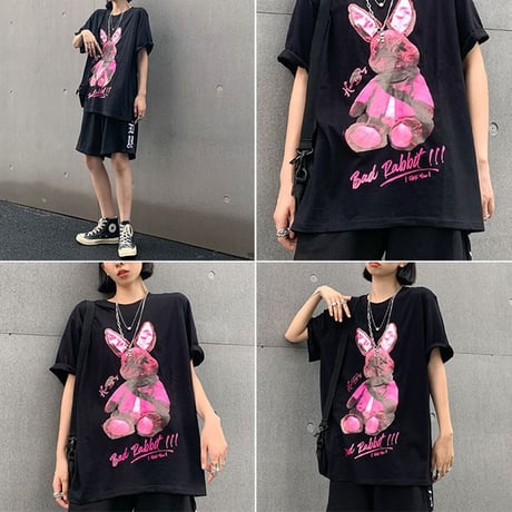 ユニセックス Tシャツ 半袖 ラウンドネック バッドラビット うさぎ プリント オーバーサイズ 韓国ファッション メンズ レディース ストリートファッション DTC-621638638683