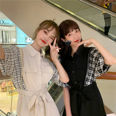 シャツワンピース バイカラー チェック柄 無地 韓国ファッション レディース ワンピース Aライン シングルブレスト ハイウエスト 無地 フレア シンプル ガーリー DTC-619337093068