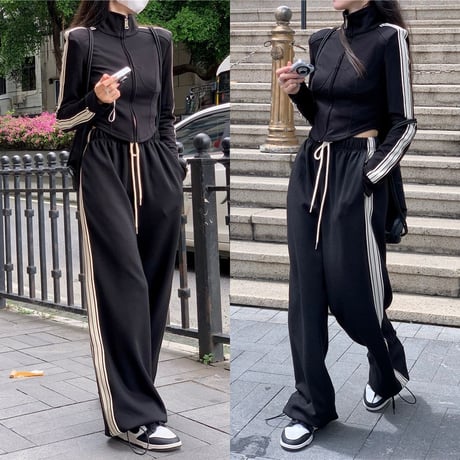 セットアップ ジャージ サイドライン トップス ワイドパンツ ジップアップ ショート丈 長袖 パンツ 韓国ファッション レディース 大人可愛い ガーリー カジュアル DTC-766005098158