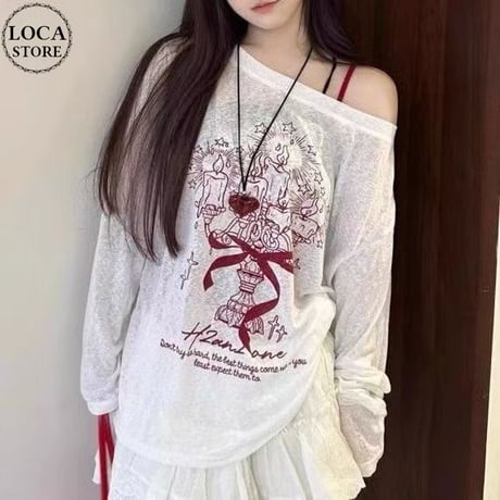シアートップス 薄手 オフショルダー シアーtシャツ ロンt トップス UV対策 ゆったり ルーズ 長袖 レトロ 大人可愛い ガーリー カジュアル DTCA-930947193917