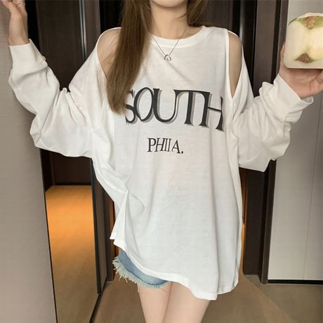 【2カラー】 Tシャツ オープンショルダー 肩開き 長袖 カットソー ショルダーカット レトロ 韓国ファッション レディース 大人可愛い ガーリー カジュアル DTC-674364573182
