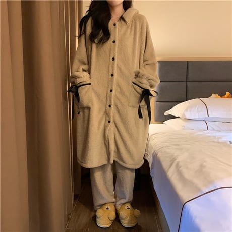 ルームウェア フード付き パジャマ セットアップ ナイトガウン + パンツ フリース ベルベット 長袖 上下セット 長袖 韓国ファッション レディース ガーリー 636487339930