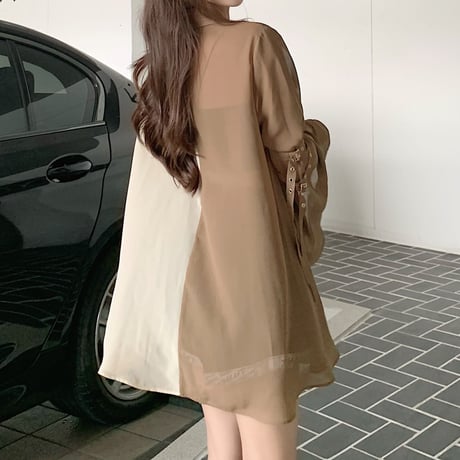 バイカラー ブラウス シャツ フレアスリーブ 袖ベルト 透け感 シフォン ルーズ 長袖 レトロ 韓国ファッション レディース 大人可愛い ガーリー DTC-671415557269