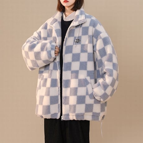 ボアジャケット ボアブルゾン ブロックチェック柄 ハイネック アウター 暖かい 防寒 もこもこ ゆったり ジップアップ レトロ カジュアル ストリートファッション DTC-658864986834