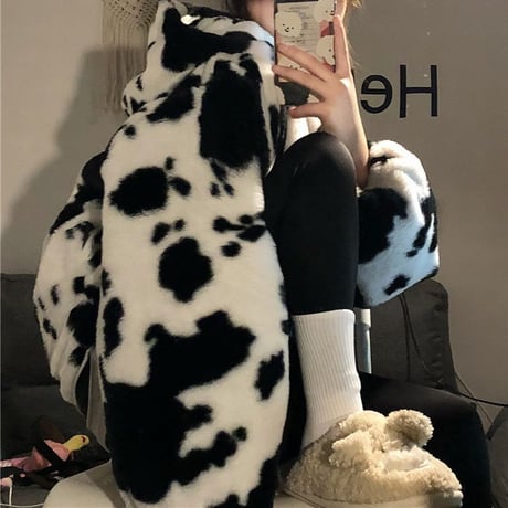牛柄 フード付き ボアジャケット アウター ジップアップ ルーズ ボアパーカー もこもこ ゆったり ボア レトロ 韓国ファッション レディース 大人可愛い ガーリー DTC-656838465848