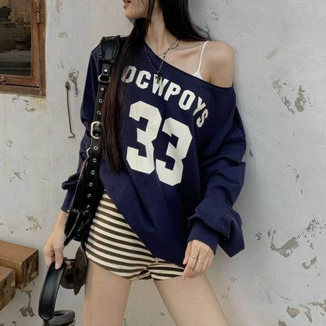 ロンT ワンショルダー ナンバーロゴ トップス オーバーサイズ tシャツ プルオーバー ゆったり 長袖 レトロ 大人可愛い ガーリー カジュアル DTCA-852707267778