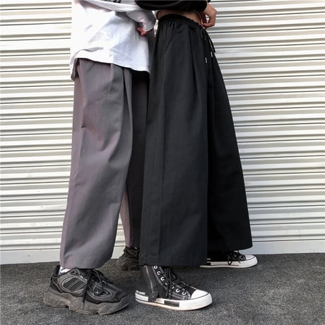 ユニセックス ワイドパンツ S M L XL ワイドレッグパンツ ウエスト紐 9分丈 ハイウエスト ゆったり 韓国ファッション メンズ レディース カジュアル DTC-638334168423