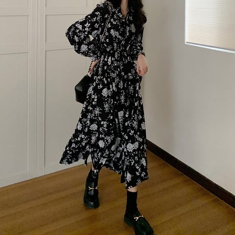 花柄 ワンピース Vネック 長袖 ハイウエスト ロング丈 韓国ファッション レディース 大人可愛い ガーリー フェミニン レトロ DTC-654775842535