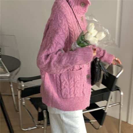 ニットカーディガン ケーブル編み ボタン 厚手 オーバーサイズ ニット 長袖 ゆったり レトロ 韓国ファッション レディース 大人可愛い ガーリー DTC-656866872682