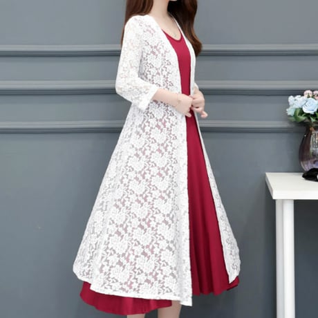 レディース 花柄レースカーディガン Aラインタイプ 7分袖 ロング丈 韓国ファッション (DCT-596983481455)
