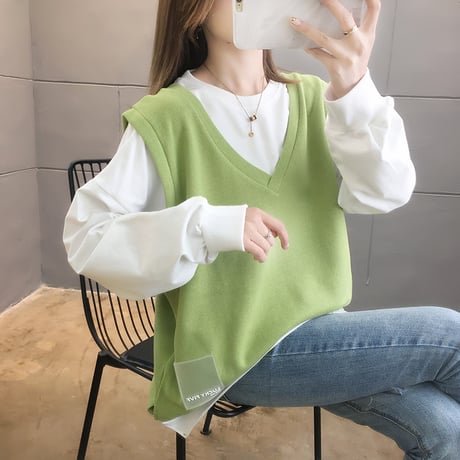 フェイクレイヤード トップス ベスト ドッキング ラウンドネック ルーズ 韓国ファッション レディース ゆったり 体型カバー 大人可愛い ガーリー DTC-624754370918