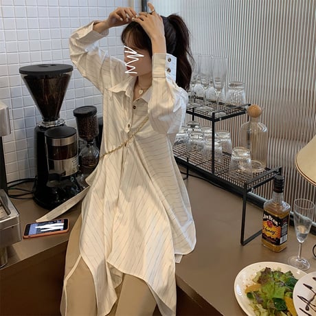 ストライプ柄 シャツ 不規則デザイン 韓国ファッション レディース アシンメトリー 折り襟 長袖 ルーズ 大人可愛い ガーリー フェミニン DTC-627125670760