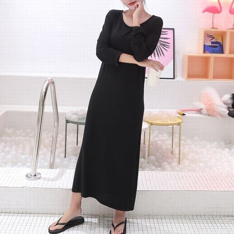 レディース モーダルワンピース 長袖 ゆるワンピ 無地 マキシ丈 ロング丈 着やせ ロングワンピース 韓国ファッション オルチャン (DCT-587468457944)