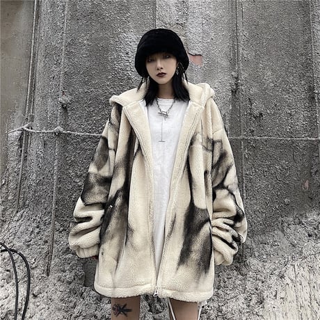 ユニセックス タイダイ柄 フード付き ボアジャケット ラムウール ボアパーカー ジップアップ オーバーサイズ 韓国ファッション メンズ レディース ストリート系 DTC-657933801736