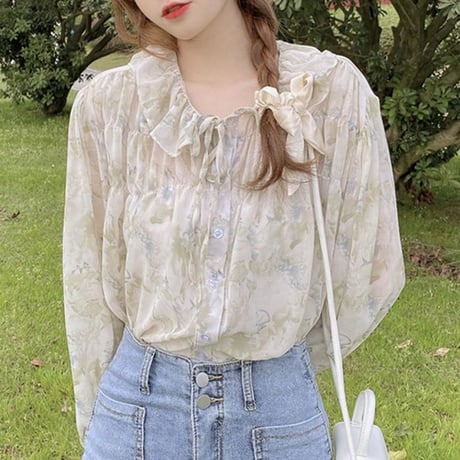 花柄ブラウス パフ袖 シフォン 透け感 長袖 韓国ファッション レディース 大人可愛い ガーリー フェミニン DTC-640922225325