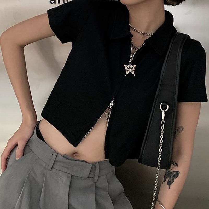 ダブルジップ トップス クロップド丈 バタフライチャーム 半袖 へそ