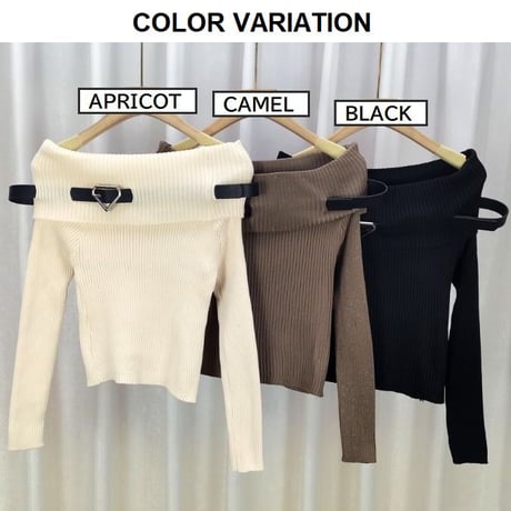 ニット ベルト付き オフショルダー ショート丈 リブニット プルオーバー オフショル トップス スリムニット スリムフィット レトロ 大人可愛い ガーリー DTCA-744002512092