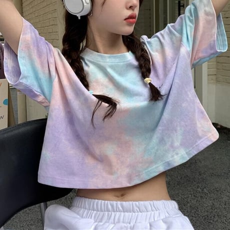 【3カラー】  Tシャツ タイダイ柄 半袖 クロップド丈 ショート丈 へそ出し 絞り染め カジュアル 韓国ファッション レディース 韓国ストリートファッション DTC-646013907781
