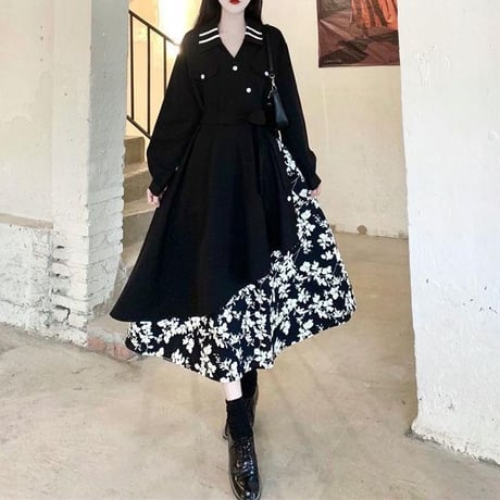 トレンチコート風 ワンピース フェイクレイヤード 花柄 襟付き Vネック Aライン ウエストマーク ロングワンピース ハイウエスト ロング丈 大人可愛い ガーリー DTCA-683349478548