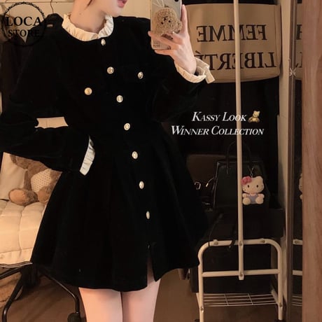 ワンピース ベルベット フリル ミニワンピース ハイウエスト Aライン 長袖 レトロ 韓国ファッション レディース 大人可愛い ガーリー DTC-749823023805