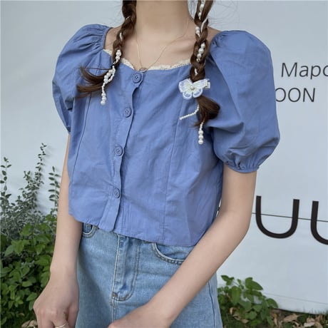ブラウス クロップド丈 スクエアネック パフ袖 半袖 薄手 韓国ファッション レディース トップス ショート丈 大人可愛い ガーリーDTC-646896794249)