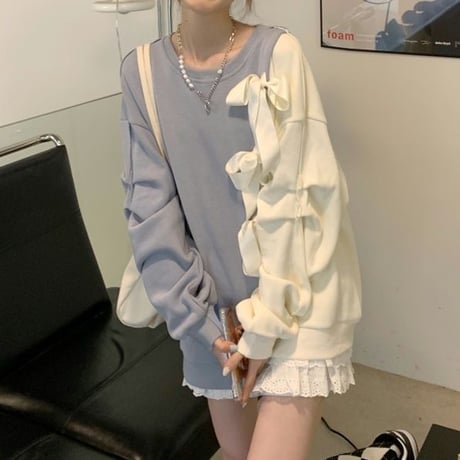 バイカラー リボン トレーナー トップス クルーネック ゆったり 不規則デザイン 長袖 レトロ 韓国ファッション レディース 大人可愛い ガーリー フェミニン DTC-655495373963
