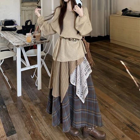 セットアップ 上下セット エスニック風 モヘアニット トップス ロングスカート 不規則デザイン チェック柄スカート ルーズ 長袖 レトロ 大人可愛い ガーリー DTC-841436440146