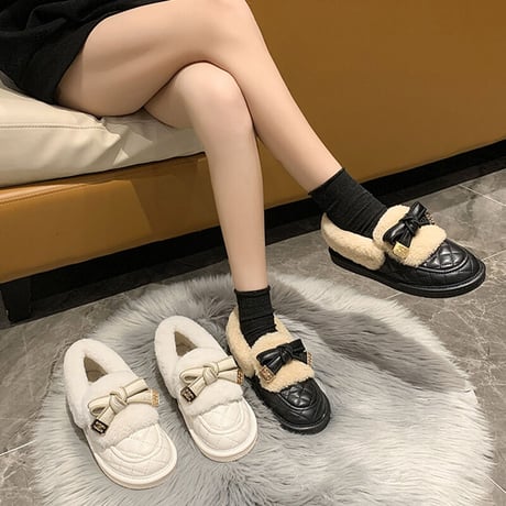 ファーシューズ リボン 22.5～25.0cm ローファー フラット フェイクファー もこもこ 歩きやすい おしゃれ 疲れない ガーリー DTC-661269724427
