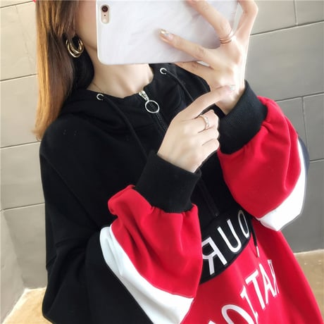 プルオーバー パーカー バイカラー ハーフジップ 韓国ファッション レディース トップス ルーズ カジュアル ストリート系 大人可愛い ガーリー DTC-601854465577