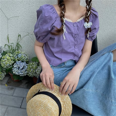 ブラウス クロップド丈 スクエアネック パフ袖 半袖 薄手 韓国ファッション レディース トップス ショート丈 大人可愛い ガーリーDTC-646896794249)