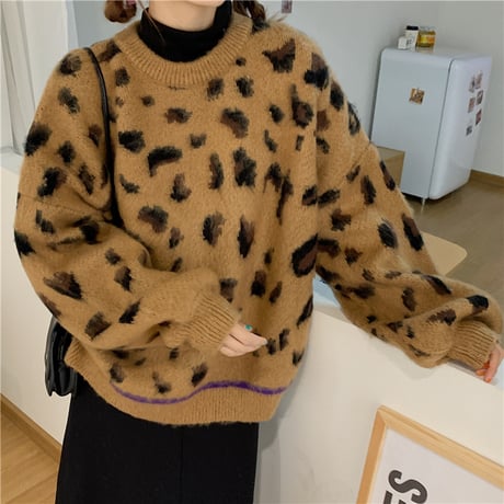 ニット セーター 3カラー レオパード柄 ヒョウ柄長 袖 プルオーバー 韓国ファッション レディース トップス ラウンドネック 大人可愛い かわいい ガーリー DTCA-688582321649