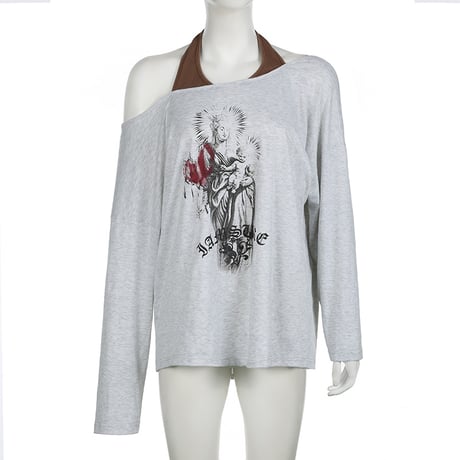 フェイクレイヤード ロンT オフショルダー オーバーサイズ フェイクツーピース tシャツ トップス 長袖 ルーズ レトロ 大人可愛い ガーリー カジュアル DTCA-909121064789