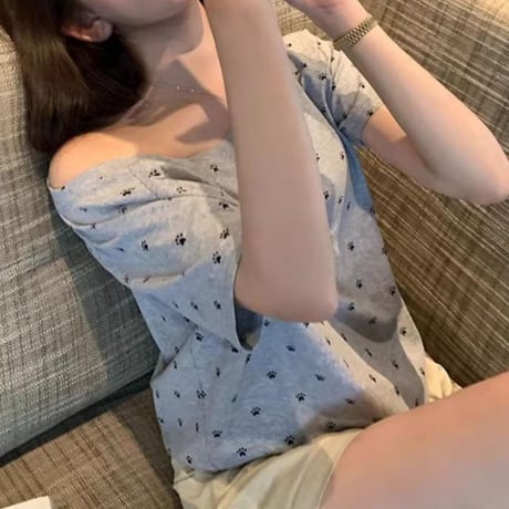 肉球柄 tシャツ ワンショルダー トップス ゆったり ルーズ 半袖 レトロ 大人可愛い ガーリー カジュアル DTCA-825366868798