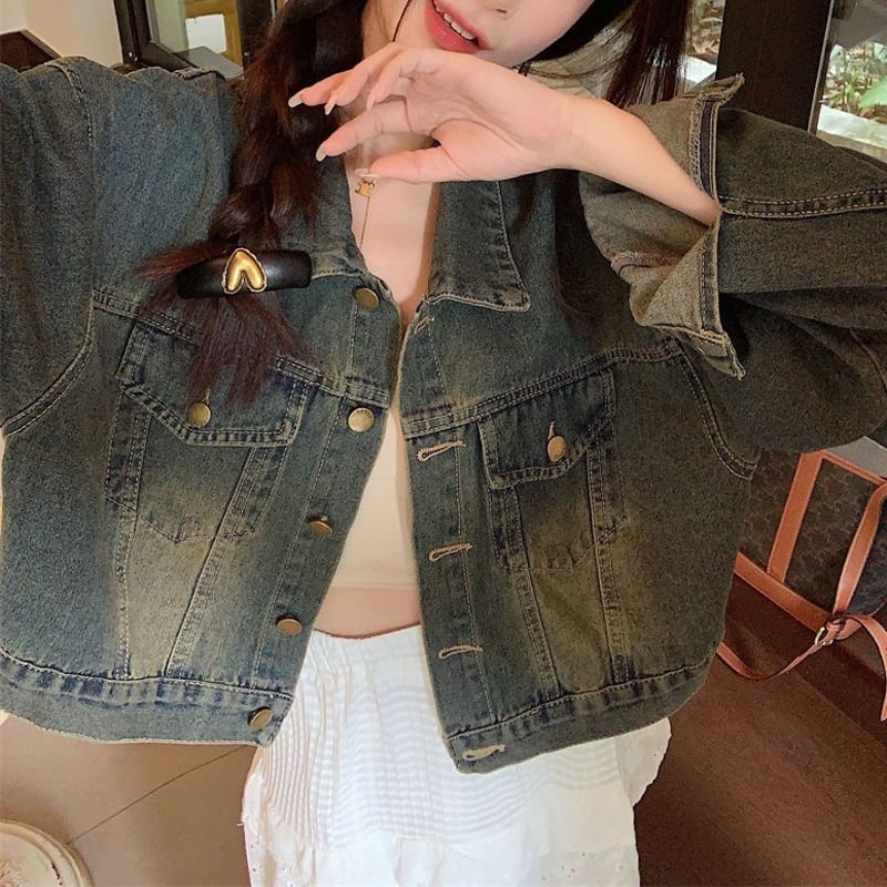 デニムジャケット バックレースアップ ショート丈 編み上げ ウォッシュ