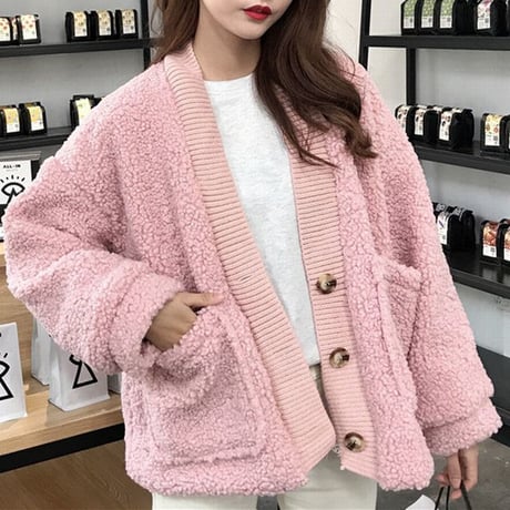 もこもこカーディガン ボア 韓国ファッション レディース カーディガン アウター 暖かい フェイクムートン ドロップショルダー ボアジャケット 大きいポケット (DCT-604923682357)