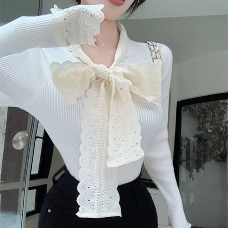 ニット レース リボン フリル Vネック トップス リブニット スリムフィット 長袖 レトロ 大人可愛い ガーリー フェミニン DTCA-870461542646