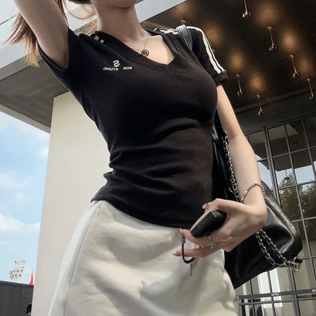 Tシャツ サイドライン Vネック スリムフィット トップス 半袖 レトロ 韓国ファッション レディース 大人可愛い ガーリー スポーツミックス カジュアル DTC-802358222607