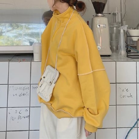 トレーナー ハイネック ハーフジップ プルオーバー ドロップショルダー 大きめ オーバーサイズ 長袖  大人可愛い ガーリー カジュアル ストリート系 DTC-655076992467