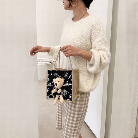 クマのぬいぐるみ付き 麻バッグ リネン ハンドバッグ キャンバスバッグ ミニバッグ ジッパー シンプル レトロ DTC-632445318533
