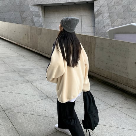 ボアブルゾン アウター 韓国ファッション レディース フリース もこもこ あったか フロントジッパー ファスナー 長袖 ゆったり シンプル レトロ ガーリー (DTC-604853811164)