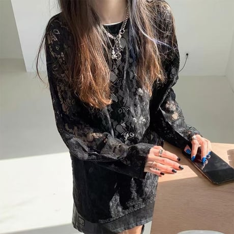フラワーレース tシャツ 透け感 トップス ホワイト ブラック クルーネック レース ロンT 長袖 レトロ 大人可愛い ガーリー DTCA-865166902200