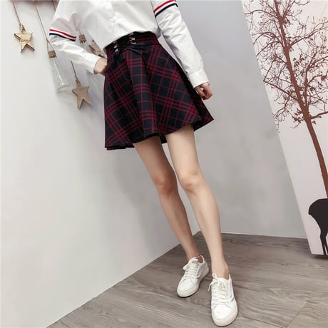 チェック柄 ミニスカート レースアップ Aライン スカート フレア ハイウエスト 韓国ファッション レディース ガーリー DTC-607075093494