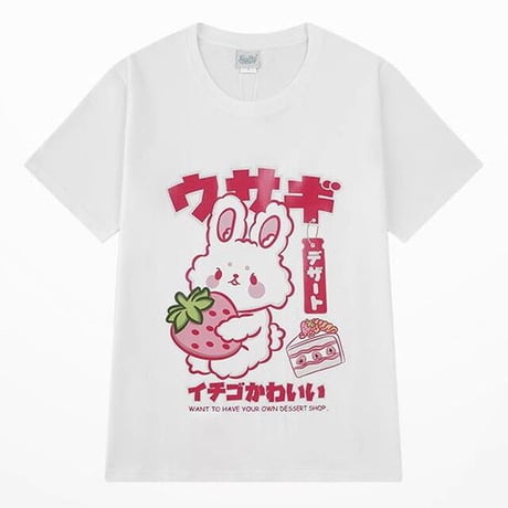【2カラー】 ユニセックス Tシャツ ウサギ イチゴ 半袖 オーバーサイズ カジュアル 大きいサイズ 韓国ファッション メンズ レディース ストリート系ファッション DTC-624078971889