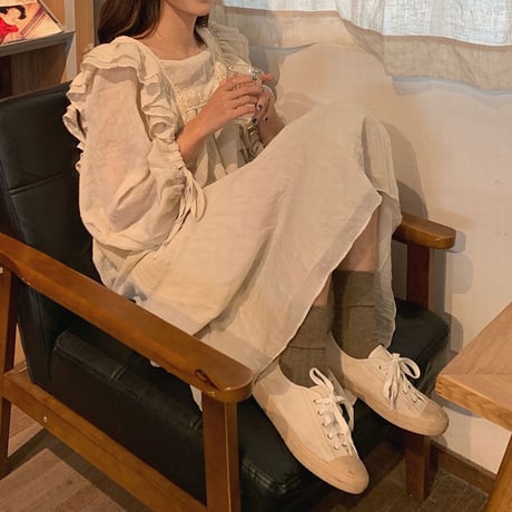 ワンピース フリル 長袖 スクエアネック 韓国ファッション レディース ミドル丈 ゆったりウエスト Aラインスカート レトロ 大人可愛い ガーリー DTC-601626088666
