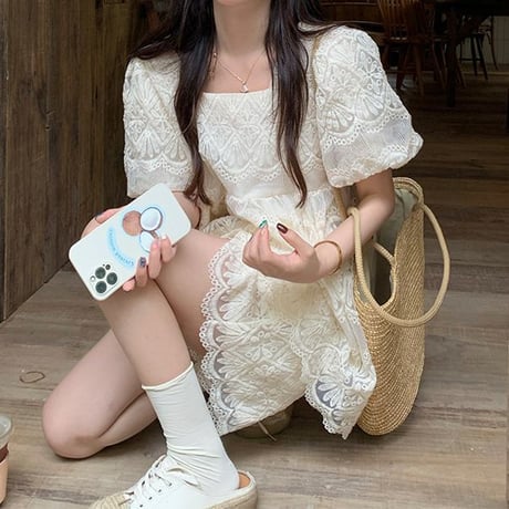 セットアップ レーストップス ショートパンツ 半袖 レース スクエアネック パフスリーブ トップス レトロ 韓国ファッション レディース 大人可愛い ガーリー DTC-731796524469